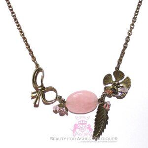 Natural Vintage Leaf Flower Rustic Glam Garden Rose Quartz Bow Stone Necklace